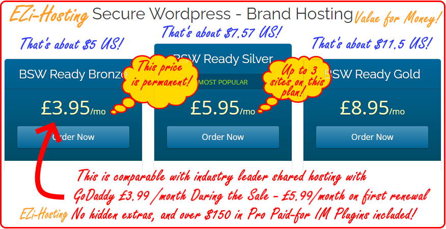 The Shared Hosting or WordPress Hosting options shown in a costing table.