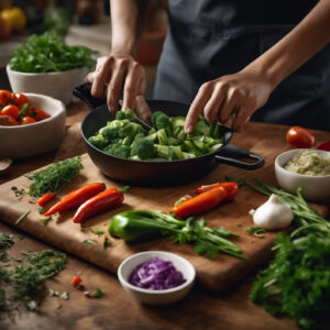 A person chopping fresh vegetables and herbs on a wooden cutting board, with bowls of ingredients