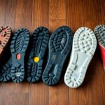 Various shoe soles are lined up on a wooden floor, showcasing different tread patterns and colors.