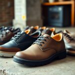 A row of men's lace-up work shoes is displayed on a concrete surface, designed for wide feet. They come in various shades of brown and black, with some featuring contrasting soles. A blurred background suggests an indoor setting with wooden elements.