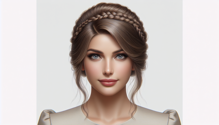 Woman with medium hair styled in an elegant half-up style featuring a fishtail braid, perfect for both casual and formal occasions.