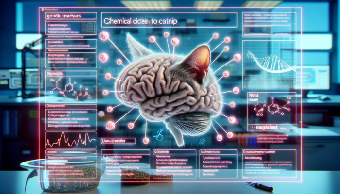 A cat's brain with neurochemical reactions to catnip, genetic markers, and scientific research elements.