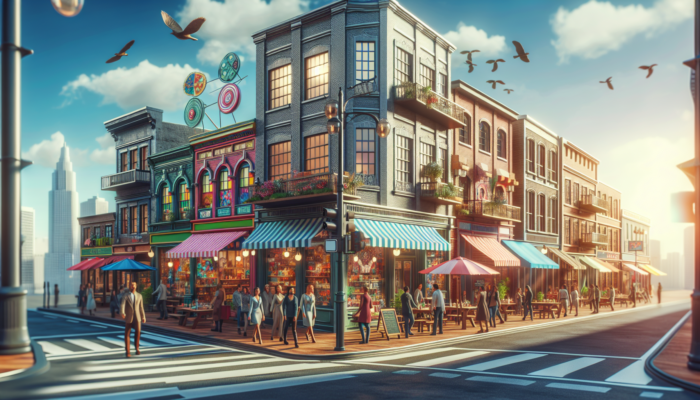 A vibrant city street scene featuring a Google My Business sign and a variety of local businesses engaging with customers.