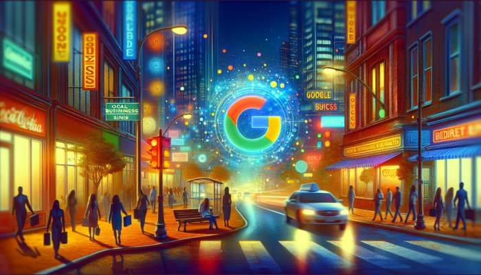 A city street featuring a Google Business sign, local businesses, and SEO improvement charts.