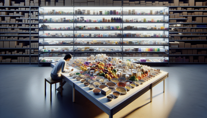 A person categorizing various items into labelled groups on a table, with tidy shelves surrounding them.
