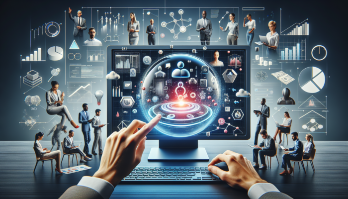 Digital workspace with Google My Business on screen, experts collaborating on strategies to improve online visibility.