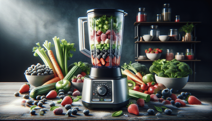 High-performance blender efficiently processing whole foods, promoting wholesome nutrition with a vibrant array of ingredients.