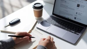 A person writing in a notebook with a pen beside an open laptop displaying text. On the white desk are a takeaway coffee cup, a closed notebook, and a car key—possibly after reading car rental reviews for essential tips in this bright, focused workspace.