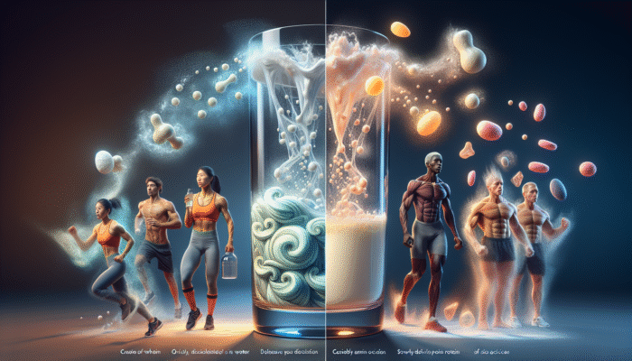 Image illustrating the quick dissolution of whey protein alongside the slow release of casein protein overnight, with symbols representing athletes and recovery.