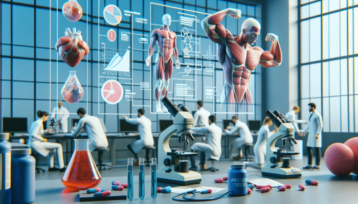 Researchers examining muscle tissue samples under microscopes, with charts and protein supplements positioned nearby.