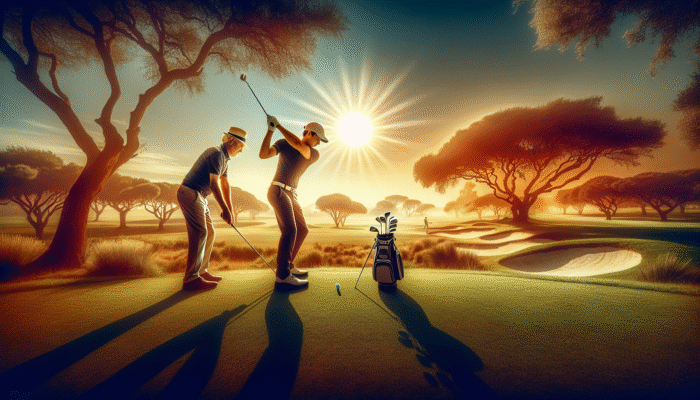 A South African golf pro providing coaching on swing adaptability under the African sun.