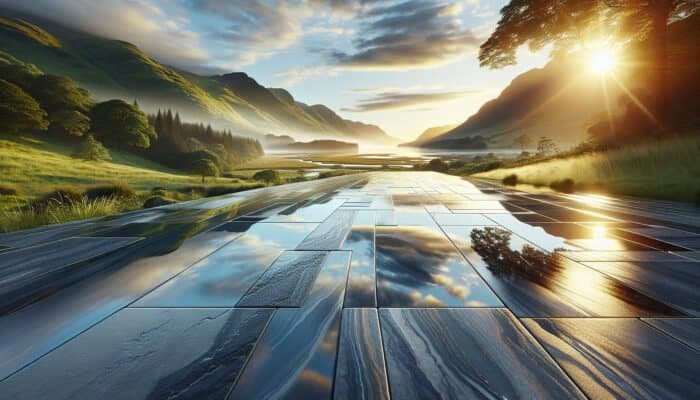 Scenic landscape of Inverclyde showcasing a beautifully waterproofed stone floor, reflecting its vibrant surroundings and demonstrating its durability.