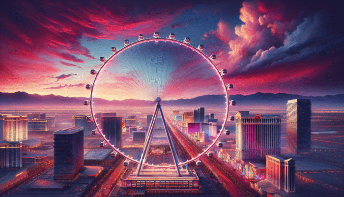 A breathtaking view from the High Roller, the tallest observation wheel in the world, showcasing the Las Vegas Strip at sunset.