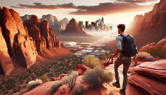 A solitary hiker enjoying the stunning views of the red rock desert near Las Vegas, combining tranquility with adventure.