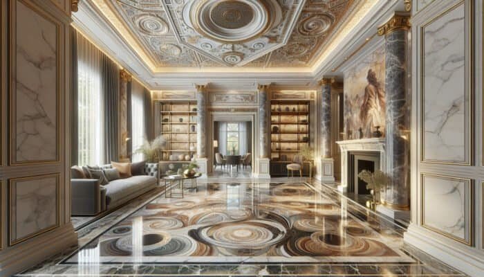 Beautiful marble flooring in a luxurious Midlothian home, showcasing sophistication through an array of colors and natural veining.