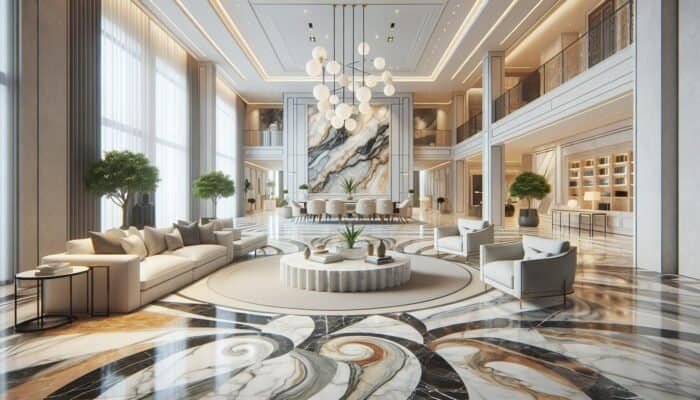 An elegant Midlothian home interior featuring Carrara, Calacatta, and Statuario marble, each displaying their unique patterns and colors.