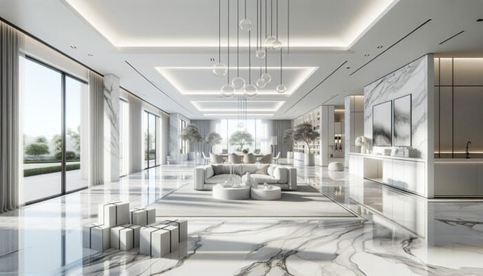 Statuario marble flooring in an upscale Midlothian residence, featuring a white background with grey veins, enhancing the bright, sophisticated ambiance.