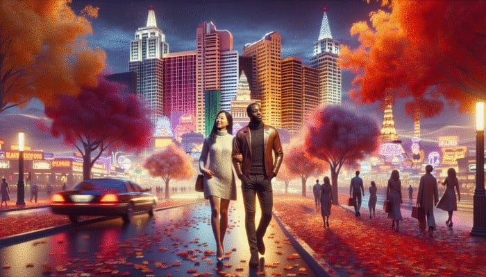 A couple enjoying a romantic stroll along the Las Vegas Strip at sunset, surrounded by autumn colors and city lights.