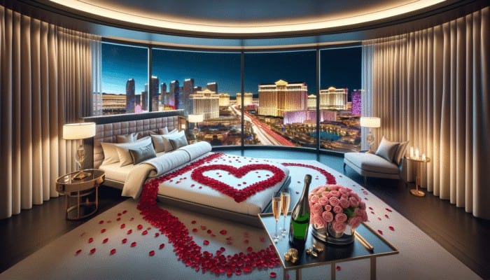 A luxurious Las Vegas hotel suite exuding a romantic ambiance, featuring a heart-shaped bed, rose petals, champagne, and a breathtaking city skyline view at night.