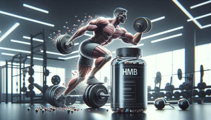 A muscular bodybuilder lifting weights in a gym with an HMB supplement nearby, showcasing increased lean muscle alongside minimal fat.