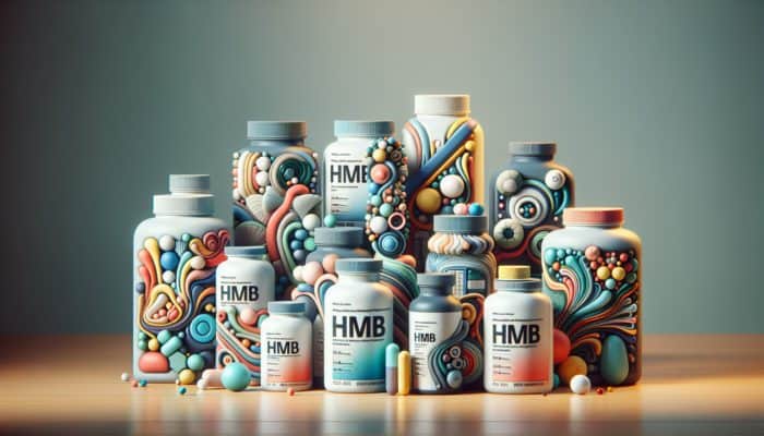 Different bottles of HMB supplements displayed on a table, labelled with types like calcium HMB and free acid HMB.