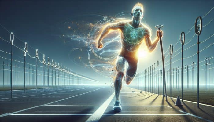 A marathon runner or cyclist crossing the finish line, showcasing enhanced stamina from HMB Monohydrate.