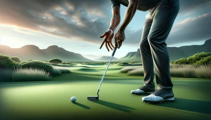 Golfer demonstrating 'reverse overlap' grip on putter for better control on South African greens.