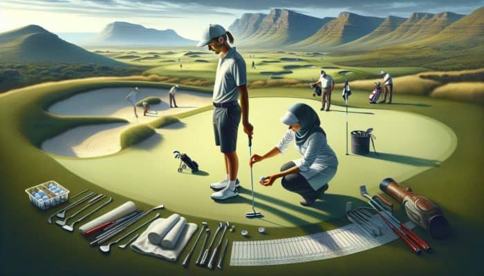 A South African golfer receiving a custom putter fitting on varied terrain, enhancing accuracy.
