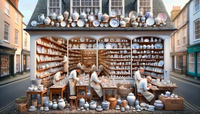 A welcoming East Calder porcelain repair shop with artisans restoring ceramics, offering personalized consultations.