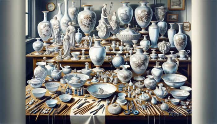 Skilled artisans in East Calder meticulously repairing porcelain items like vases and figurines.