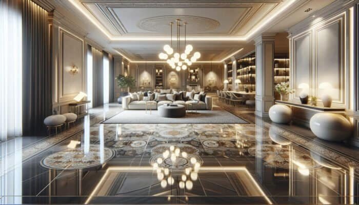 Restored porcelain tiles in a luxurious home interior, enhancing the elegant ambiance.