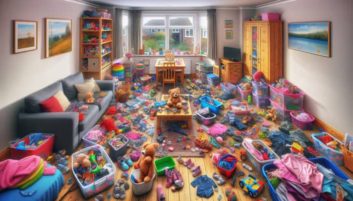 A UK family home’s living room during a decluttering session, sorting children's items for safety and tidiness.