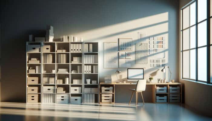 An organised workspace with labelled boxes, colour-coded folders, and shelves, illuminated by natural light.