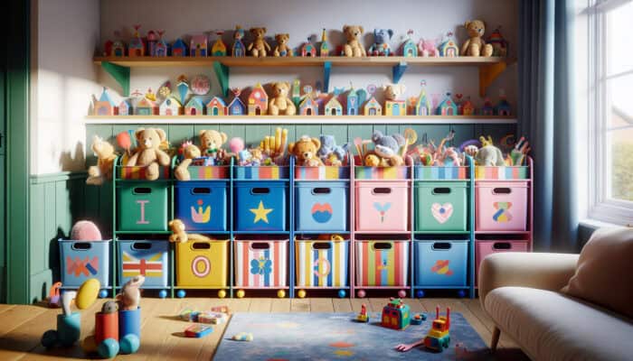 Brightly coloured labels with images and words on toy bins, guiding children to organize stuffed animals in a UK home.