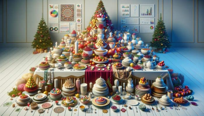 A festive table showcasing creatively arranged dishes in various heights, colors, and shapes.