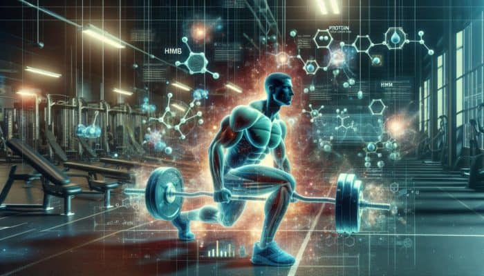 Stacking HMB with Protein: A person lifting weights in a gym, with HMB and protein molecules, showcasing accelerated muscle growth.