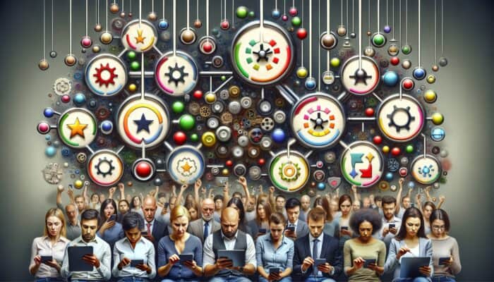 A diverse group of users providing feedback on digital platforms, with the brand managing reviews to enhance content strategy and customer satisfaction.