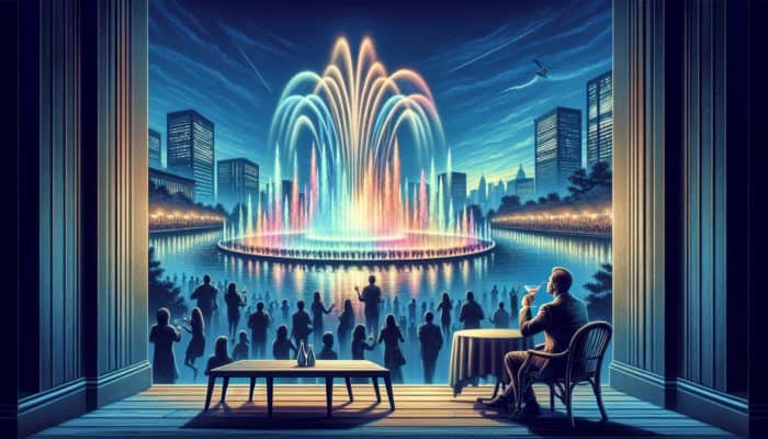 Enjoying a cocktail at the Bellagio, captivated by the vibrant fountain display at night with crowds.