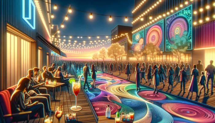 The bustling LINQ Promenade at dusk, filled with crowds, cocktails, performers, and colorful installations.
