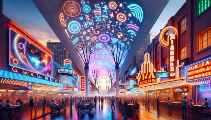 Fremont Street at dusk, illuminated with neon lights, featuring the Viva Vision screen and people enjoying drinks at outdoor bars.