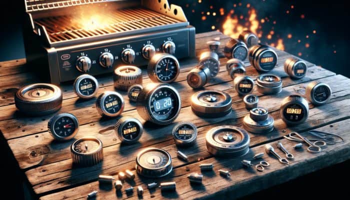Diverse grill timers displayed on a wooden table, including mechanical with dials and digital options with countdown features, near a lit barbecue grill.