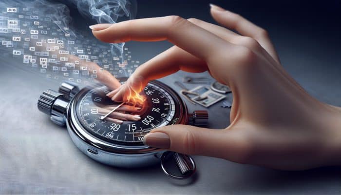 A hand adjusting settings on a digital timer, with a stopwatch displaying 10 minutes, set against a backdrop of grilling smoke and meat.
