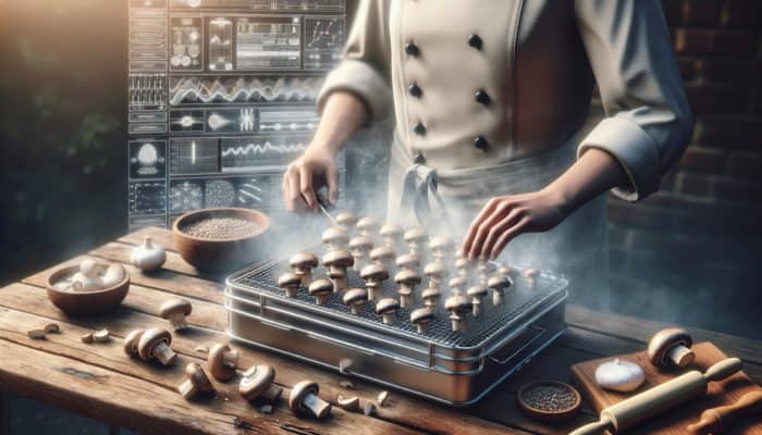 A chef meticulously preparing mushrooms for smoking: slicing, seasoning, and arranging them on a smoker rack amid rising smoke.