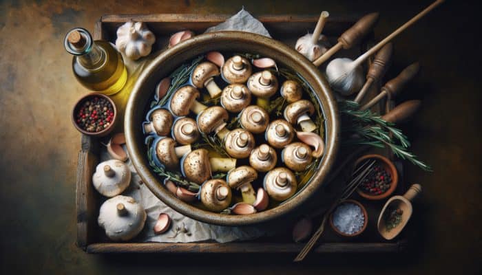 Marinated mushrooms infused with olive oil, garlic, and herbs like thyme and rosemary, prepped for smoking.
