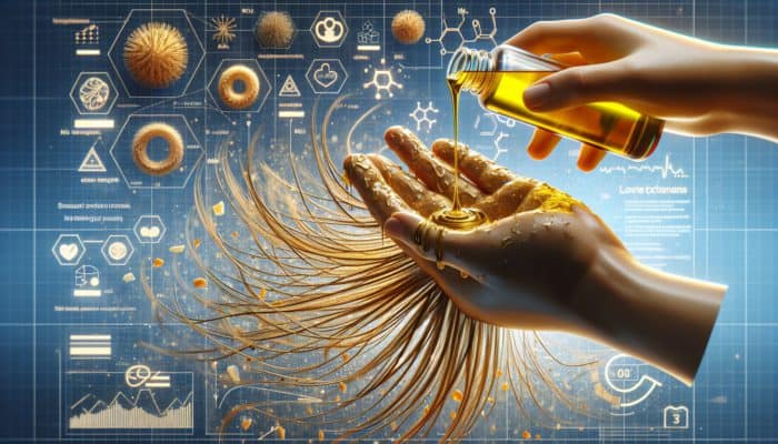 A hand applying coconut oil to dry hair, highlighting deep moisture and hydration.