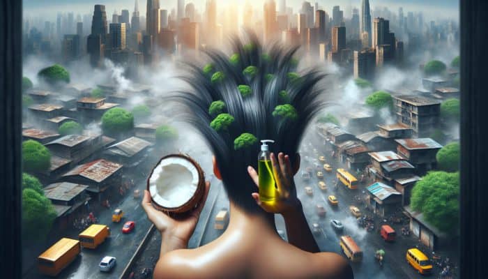 Person applying coconut oil to scalp in polluted urban setting, demonstrating improved hair density and health.