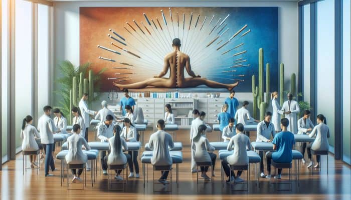 A tranquil NHS clinic featuring diverse patients receiving acupuncture, merging traditional and modern healthcare approaches for chronic pain and mental health support.
