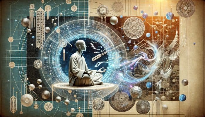 Representation of Qi flowing through meridians, acupuncture needles on a tranquil figure, symbols of balance and harmony in a traditional Chinese setting.