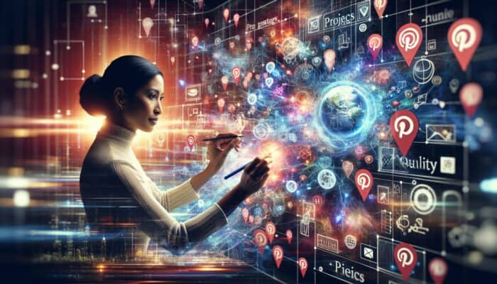 A creative individual building a Pinterest video board surrounded by strategy icons and vibrant pins.