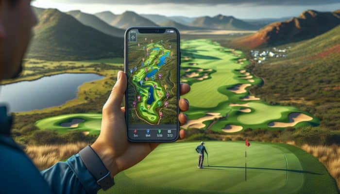 Golfer utilizing smartphone app with detailed map of South African golf course, showcasing diverse terrains and strategic planning.